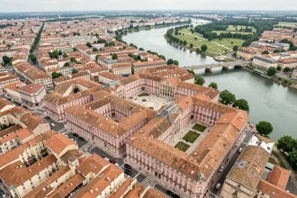Vue aérienne de Toulouse montrant les toits en briques roses et la Garonne depuis une hauteur de drone