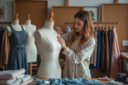 Femme styliste arrangeant un mannequin dans un studio de mode